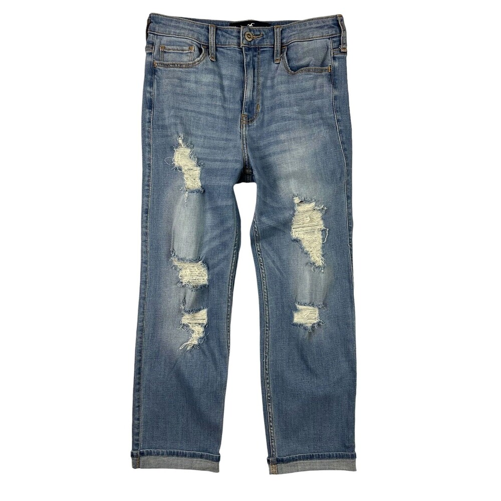 HOLLISTER Hi Waist Slim Straight Cuffed Cropped Jeans Size 27 Distressed Denim